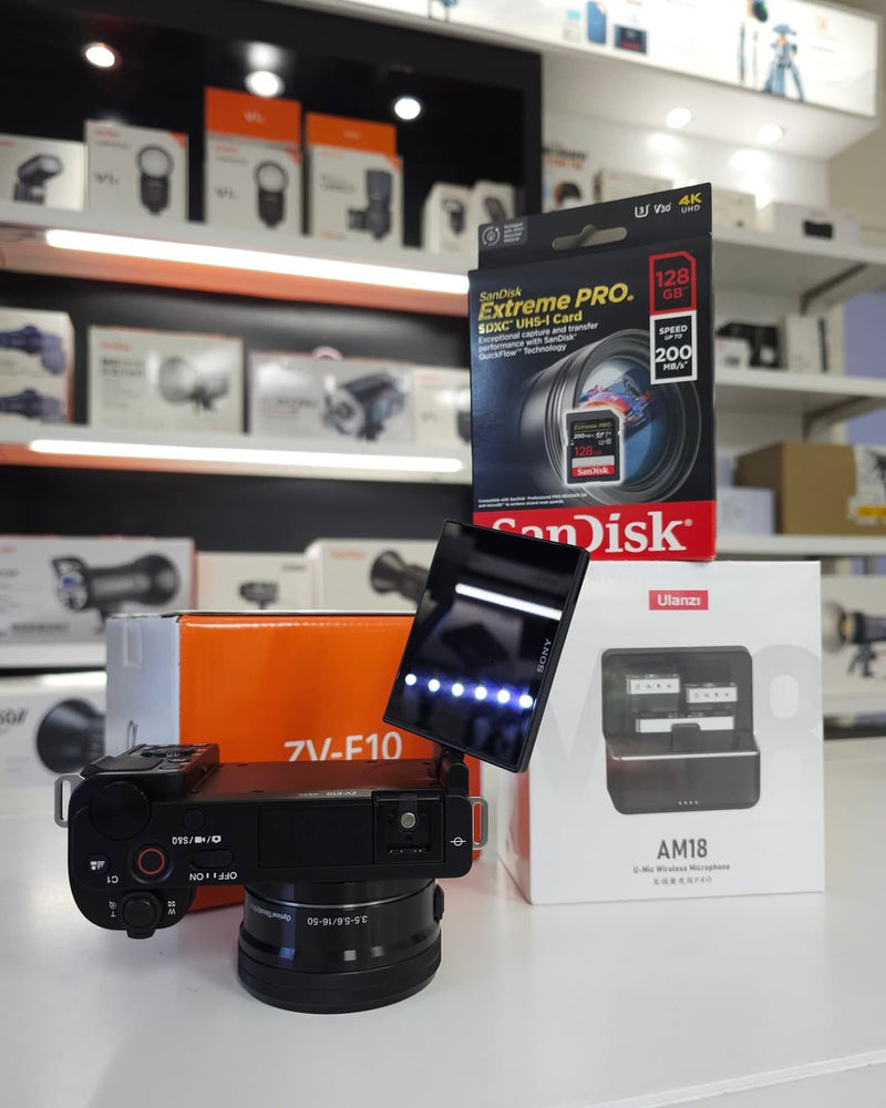 Sony ZVE10 + 16-50mm F3.5-5.6 Lens + Ulanzi AM18 Wireless Microphone + Sandisk 128gb 200mbs Extreme