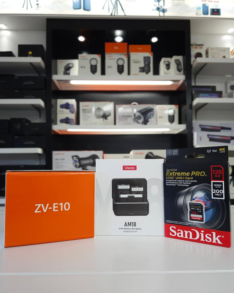 Sony ZVE10 + 16-50mm F3.5-5.6 Lens + Ulanzi AM18 Wireless Microphone + Sandisk 128gb 200mbs Extreme