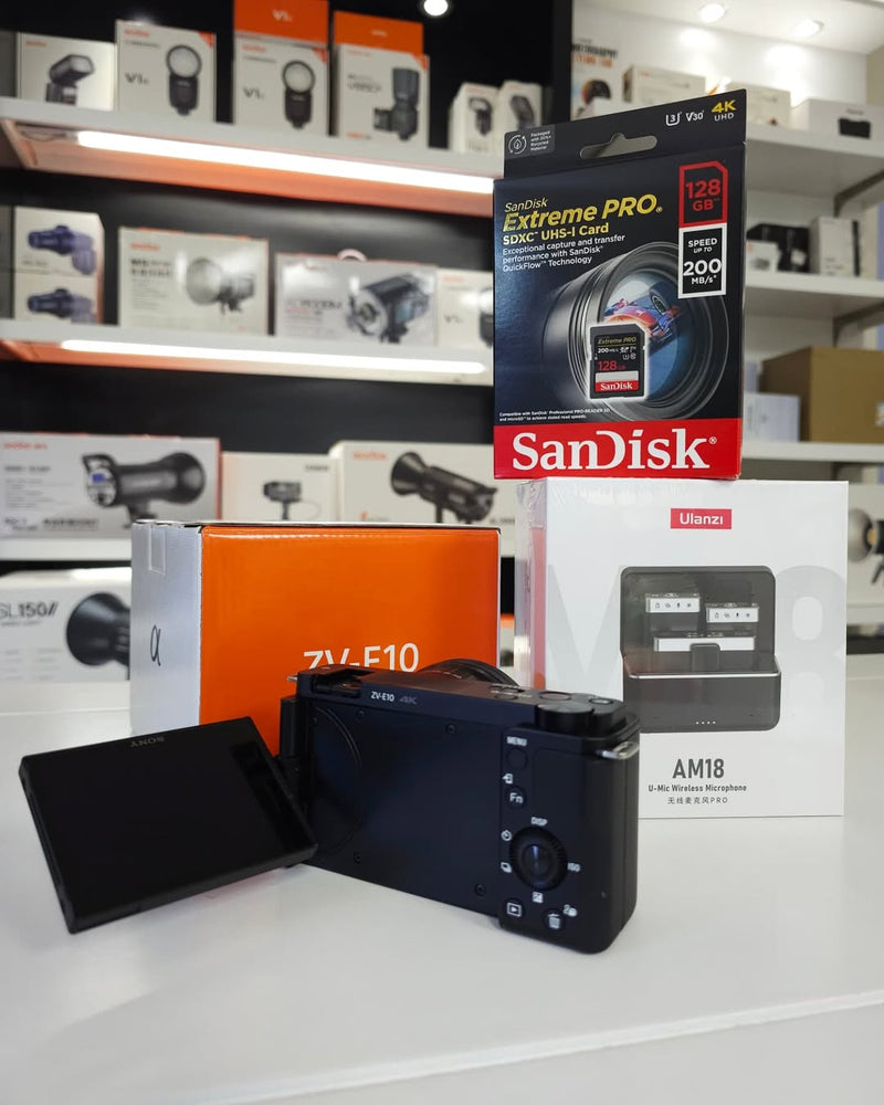 Sony ZVE10 + 16-50mm F3.5-5.6 Lens + Ulanzi AM18 Wireless Microphone + Sandisk 128gb 200mbs Extreme